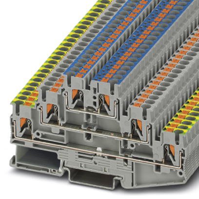 Phoenix Contact Ground - Multi-Level Terminal Block; PT 2.5-PE/L/N; 20A; 300V; 3-Level; #26 - #12; Push-In Connection; Gray